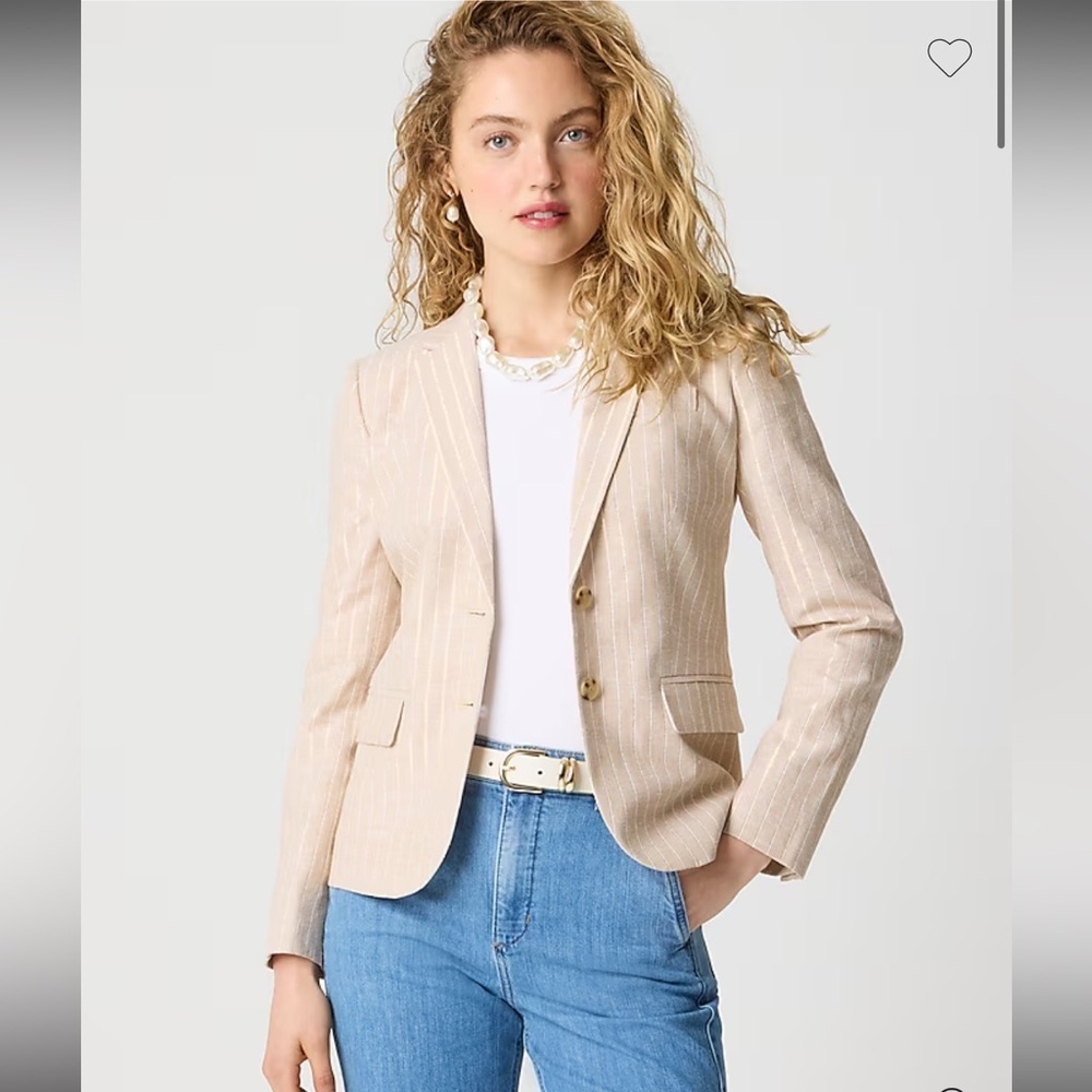 J Crew Pinstripe Linen-Blend Schoolboy Blazer In Light Khaki Lurex Stripe 20 New